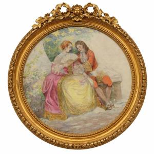 19th-century Watercolor In The Style Of The 18th Century - Original Drawing - Gallant Scene