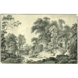   Original Antique Wash Drawing - Chapel Scene