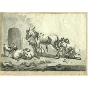 Original Antique Wash Drawing - Pastoral Scene: Shoeing A Mule