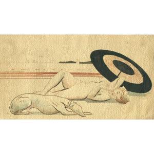 Circa 1920 - Reclining Nude And Greyhound - Original Antique Drawing