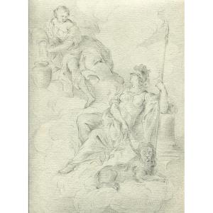 Nude Woman And Lion - Original Vintage Pencil Drawing - Mythology