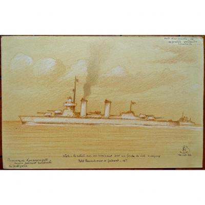Drawing By Admiral Maurice De Brossard (1909-1996) Boat, Cruiser, Battle Of Liguria