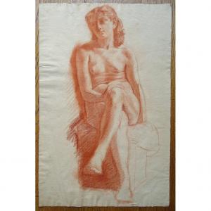 Female Nude Sitting Large Old Drawing In Blood
