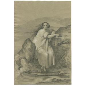 Giulio Piatti (1816-1872) - Italy - Woman On A Rock - Old Original Drawing
