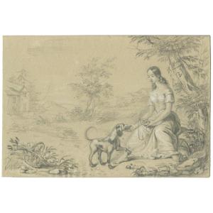 Early 19th Century School - Young Woman Playing With A Dog
