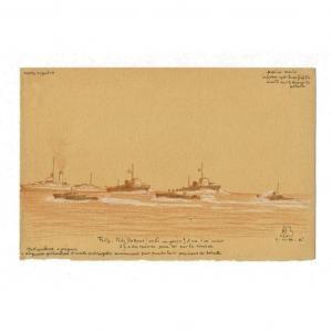 Original Drawing By Admiral Maurice De Brossard (1909-1996) Warships