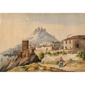 Landscape In Italy - Victor Favier (1824-) - Old Watercolor Drawing