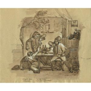 Rare Original Drawing By Charles-porphyre-alexandre Desains (1789-1862) Tavern Scene