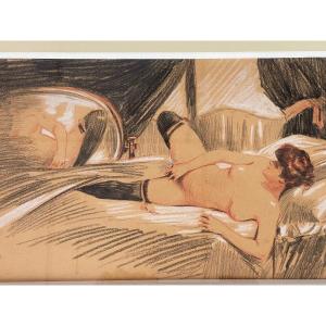 Exceptional Drawing Curiosa Young Woman Belle Epoque Eroticism Mirror