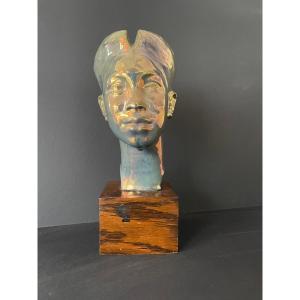 Large Ceramic Indochinese Head Flamed Stoneware Art Deco Indochina 1930 - 1940
