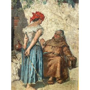 19th Century Oil Painting Wood Gallant Scene Gypsy & Monk Esmeralda Painting Signed