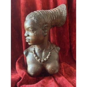 Large Sculpture Signed Benoit Konongo Portrait Of A Mangbetu Woman In Congo, Africa