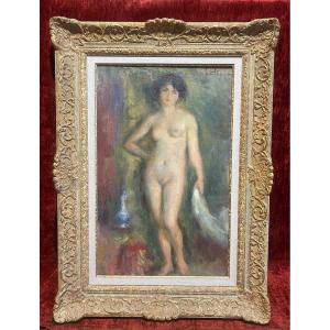 Large Signed Portrait Painting Of A Female Nude By Lucien Mignon, A Student Of Renoir, Oil On Canvas & Frame 