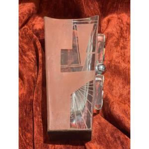Large Art Deco Vase Anatole Riecke Signed Dated 1937 Cubism Vere Metal & Mother-of-pearl