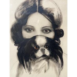 Large Painting Signed 1930 Portrait Woman With Dog Painting France