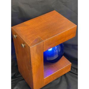 20th Century Brutalist Lamp Wood & Blue Glass Cubism Geometric Shape