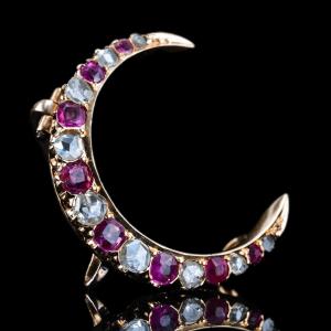 Antique Victorian Ruby & Diamond Crescent Brooch 18k Gold - C.1880