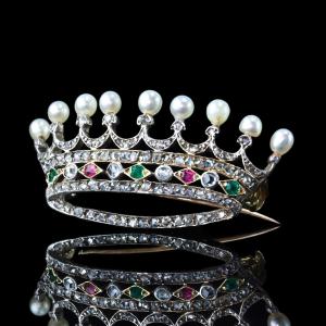 Antique French Ruby, Emerald, Diamond Pearl Crown Coronet Brooch 18k Gold C.1900 Antique French