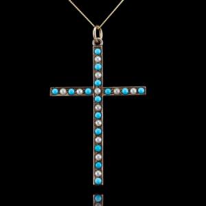 Antique Victorian Turquoise & Pearl Cross Pendant Necklace 9k Gold - C.1890