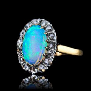 Antique Victorian Opal Cabochon & Diamond Cluster Ring 18k Gold - C.1880