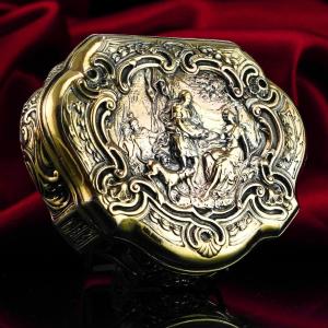 Antique Solid Silver Gilt Table Snuff Box, Rococo Motif And Meleager Boar Head Scene - 18th C.
