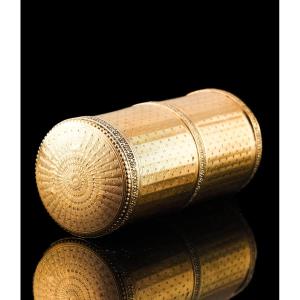 Antique French Solid Silver Gilt Box Cylindrical Etui, Engine Turned Guilloche Design - C.1890