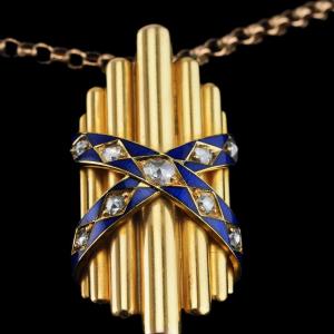 Antique Victorian 18k Gold Rose Cut Diamond & Blue Enamel Pendant - C.1880