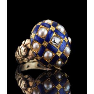 Antique Victorian Blue Enamel, Diamond & Pearl Ring 14k Gold - C.1860 Antique Victorian Blue En