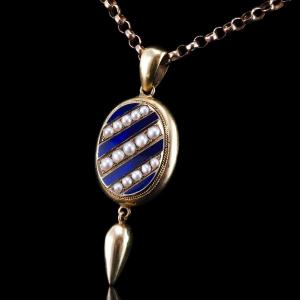 Antique Victorian 15k Gold Blue Enamel & Pearl Pendant Locket Necklace - C.1880