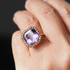  Antique Edwardian 18k Gold Amethyst & Pearl Ring Emerald Cut - C.1900  