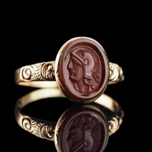 Antique Georgian Cameo Ring 10k Gold With Roman Soldier Engraving - C.1820 Antique Georgian Cam
