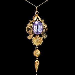 Antique Victorian Amethyst Pendant Necklace 14k Gold - 19th C. 