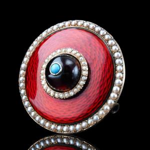 Antique Red Enamel Guilloche Brooch/pendant Garnet, Pearls 14k Gold C.1870