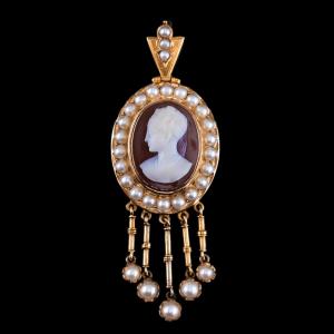 Antique Victorian Cameo Pendant Necklace With Pearls 14k Gold C.1880