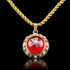 Antique Victorian Diamond & Pearl Star Necklace  Red Rock Crystal Cabochon 15ct Gold - C.1880