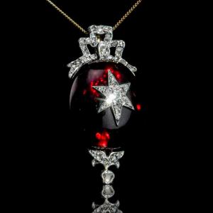 Antique Victorian Garnet & Diamond Star Cabochon Brooch/pendant 14k Gold C.1870
