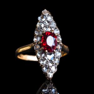 Antique Ruby & Diamond Navette Ring, Natural Unheated, 18k Gold French - C.1890