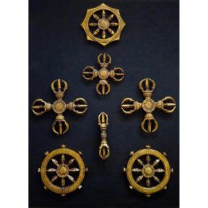 Set Of 7 Japanese Buddhist Ormolu Rinpo Vajra Katsuma Instruments