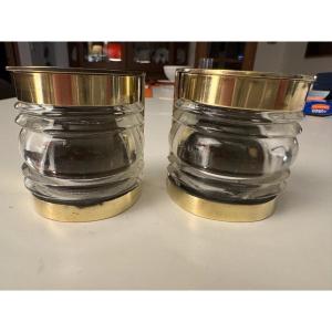 Rare Paire De Cendriers De Paquebot En Cuivre Et Verre