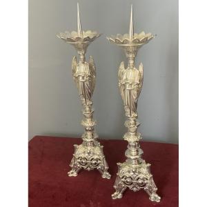Pair Of Silver-plated Bronze Candlesticks