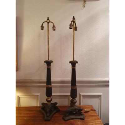Pair Of Candlesticks Mounted In Restoration Period Lamps