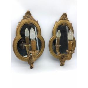 France D’époque Louis XVI Pair Of Antique Gilded Wood Sconces With Mirrors