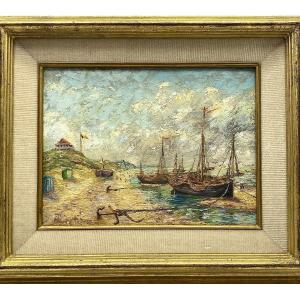 XIX Belgique Peinture huile sur panneau scène marine de la plage Belge