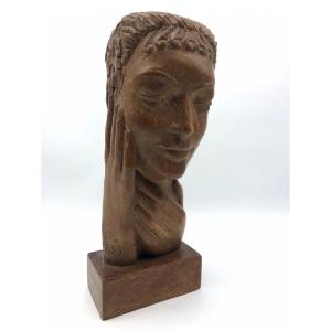 Belgium Old Art Deco Woman's Head Bust In Carved Wood Ernest Heylens