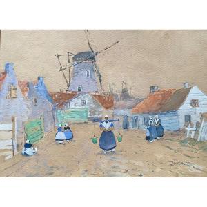 Louis Reckelbus Belgium (brugge 1864-1958) Gouache And Watercolor On Paper Scene Schiedam