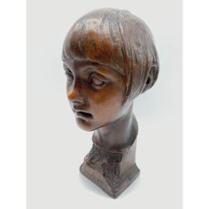 Antique Unique Belgian Art Deco Terracotta Bust Of A Young Woman By Léon Vogelaar