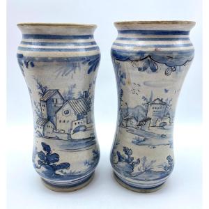 XVIII Italy Savona Pair Of Albarelli Blue And White Majolica Pharmacy Jars
