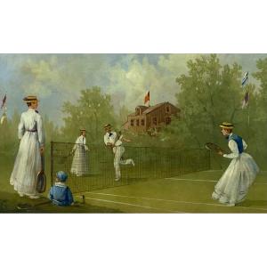 Italy Ceri, Marco Set Of Four Oil Paintings On Copper With Tennis Scenes Edwardian