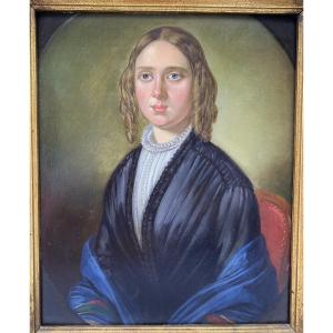 Antique 19th Century Danish Oil Painting Portrait On Panel Depicting A Young Woman