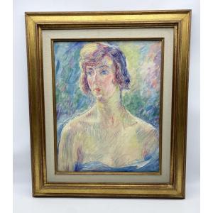 William Malherbe (1884-1955) France Impressionist Portrait Of A Nude Woman Painting Oil On Canvas